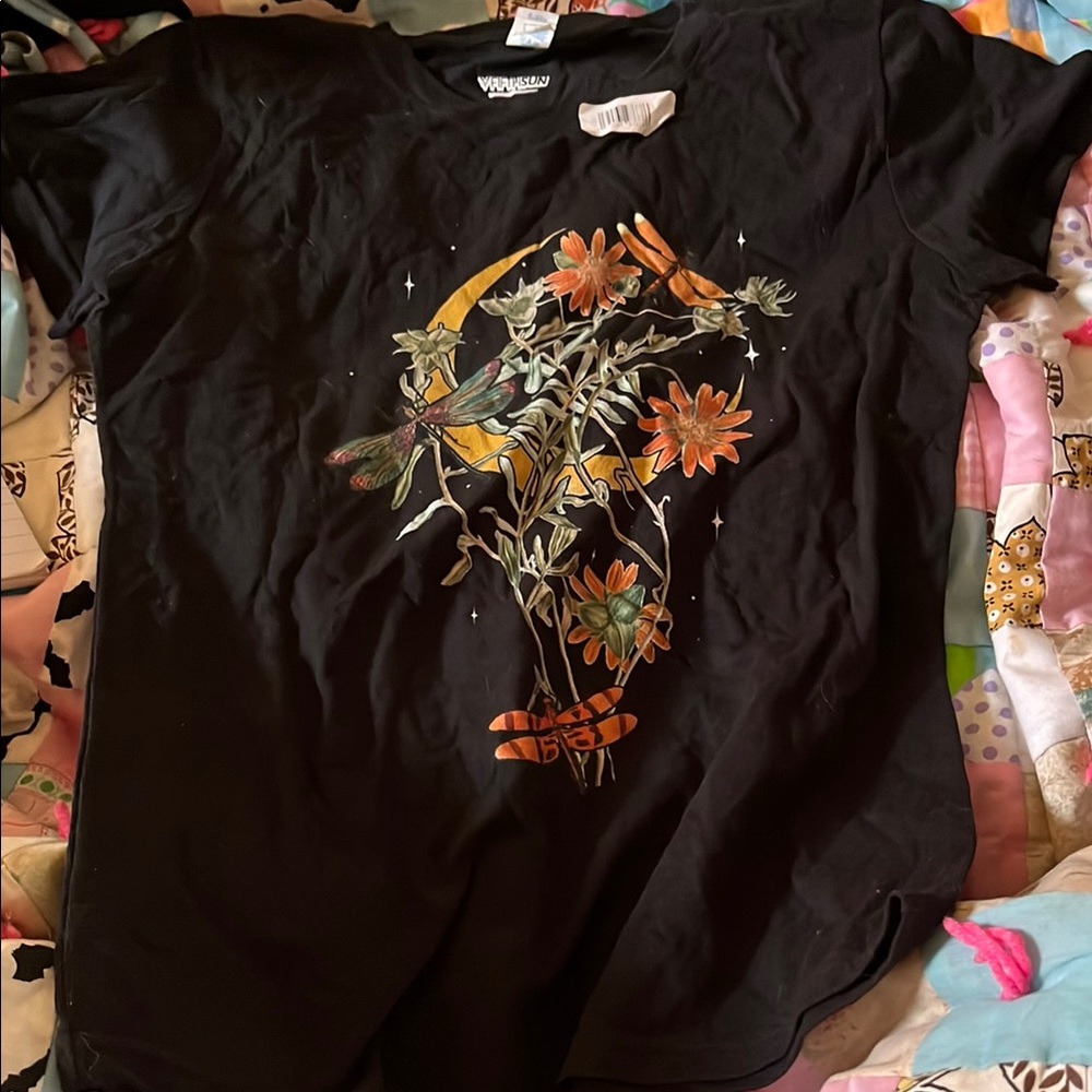 Black Graphic T-Shirt with Floral and Bird Design